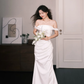 Off Shoulder Foldover Satin Mermaid Bridal Gown with Side Ruching  NV7367