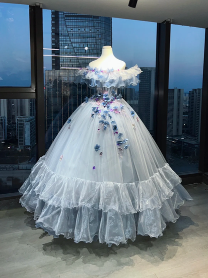 Light Gray Blue Off Shoulder Princess Ball Gown Corset 3D Gradient Floral Tiered Organza Ruffle Long Evening Gown  NV7003