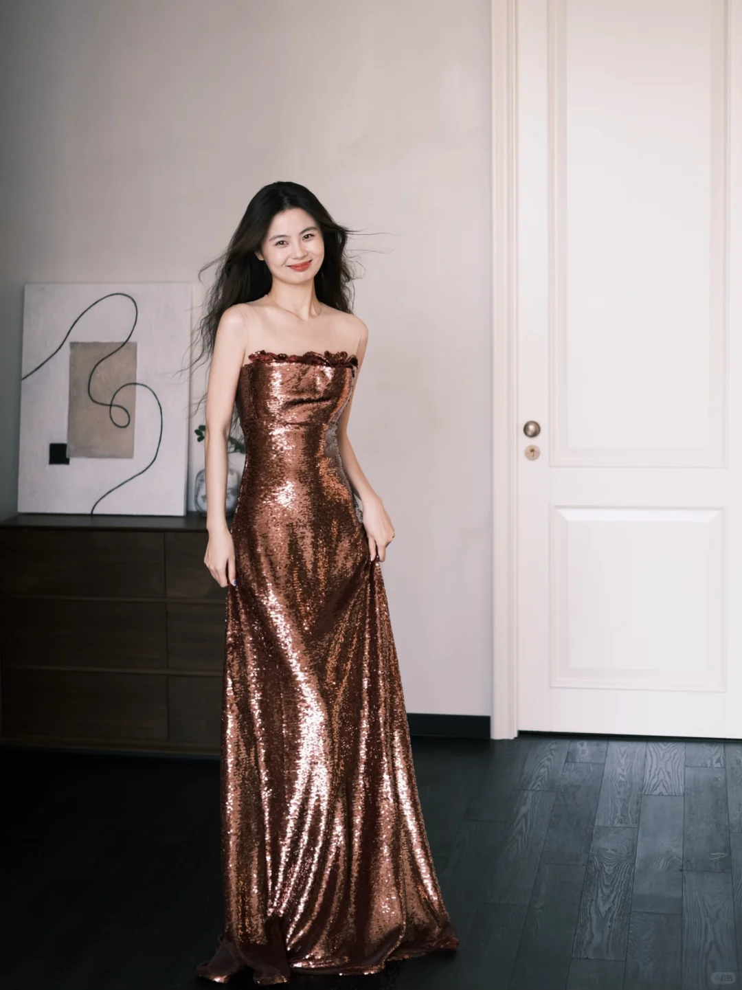 Strapless Bronze Sequin Mermaid Prom Dress with 3D Flower Neckline  NV7370