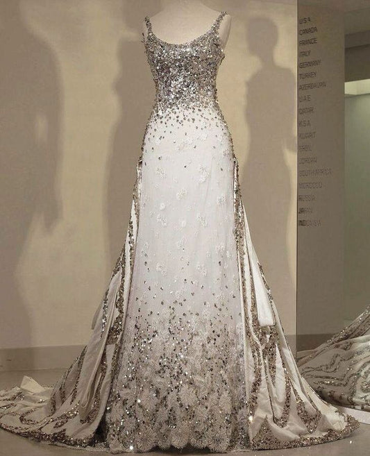 Ivory White Luxury Gorgeous Shiny Elegant Long Tulle Gold and Silver Sequin Mermaid Trailing Ball Gown Evening Dress nv3876