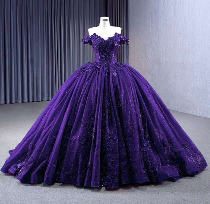 Robe de soirée en tulle à paillettes violettes, épaules dénudées et traîne | Robe de bal style cour à imprimé floral 3D NV6319