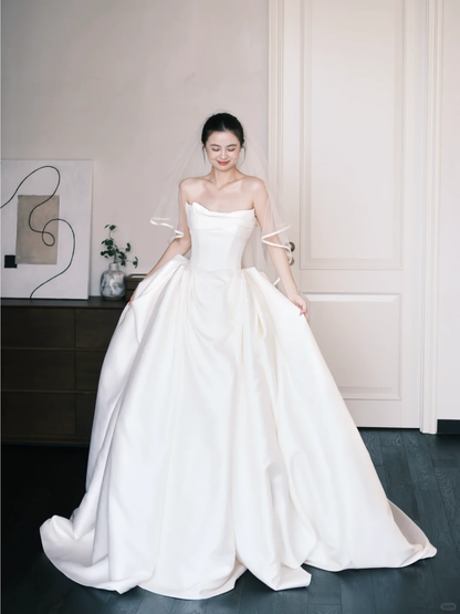 Strapless Cowl Satin Ballgown Wedding Dress with Pockets  NV7387