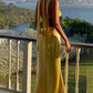 Yellow Satin Lace-up Halter V-neck Bodycon Evening Gown Prom Dress Party Dress nv1934