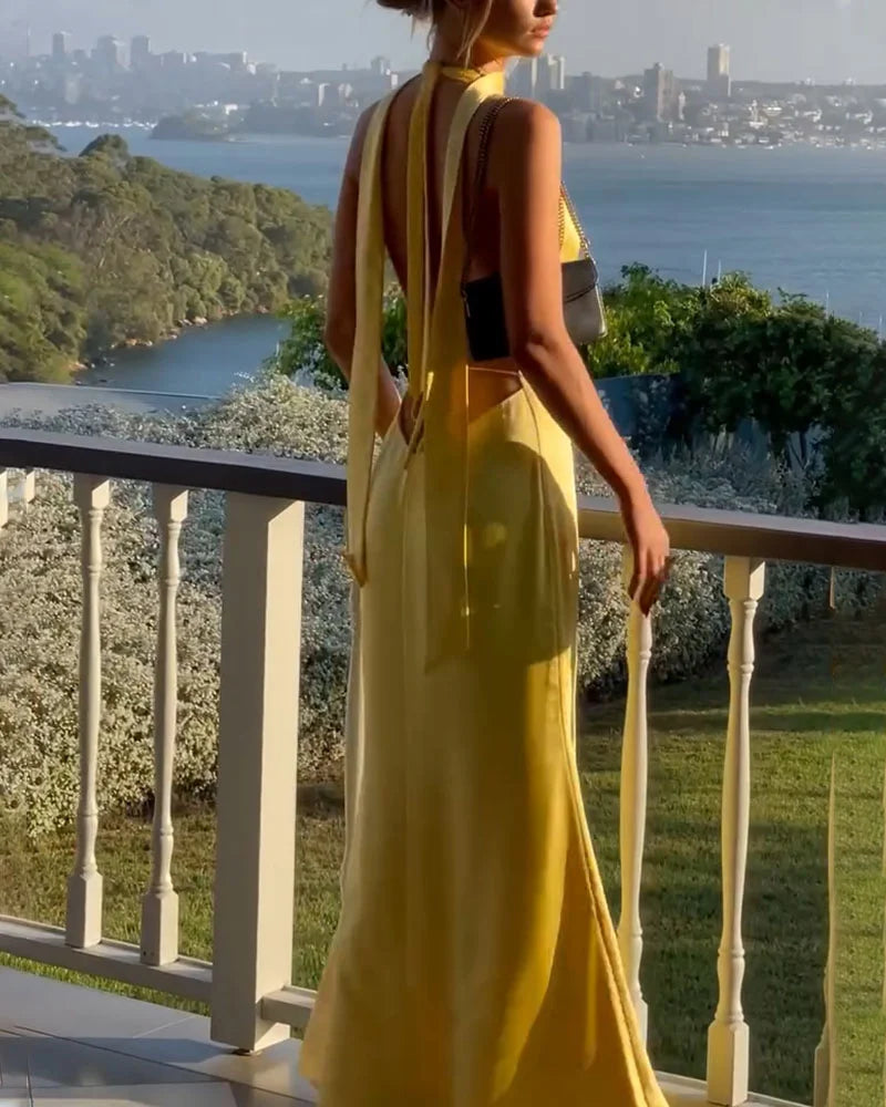 Yellow Satin Lace-up Halter V-neck Bodycon Evening Gown Prom Dress Party Dress nv1934