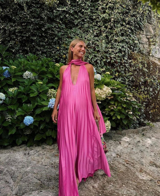 Pink V-neck Elegant Long Satin Evening Dress Party Dress Wedding Guest Dress nv4150