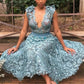Blue Lace Sexy Deep V Neck Midi/Short Homecoming Dress Prom Dress Evening Dress Party Dress nv1128