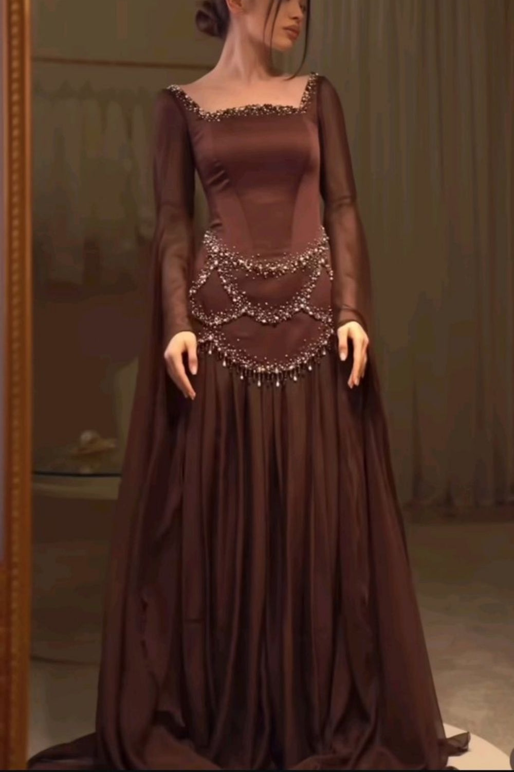 Robe de soirée rétro luxueuse en satin marron foncé, ornée de perles, col carré et manches longues - Robe élégante pour dîner et tapis rouge NV6381