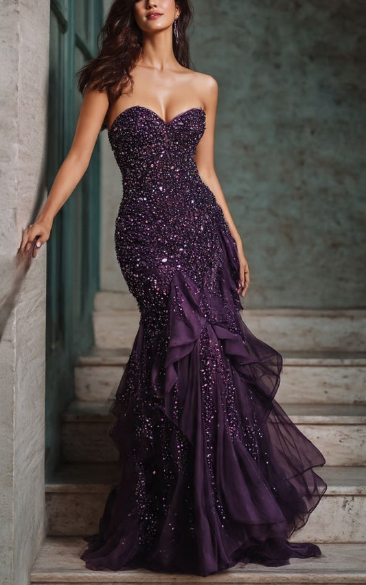 Robe de bal longue en tulle violet à sequins et perles NiceVestidos NV6123