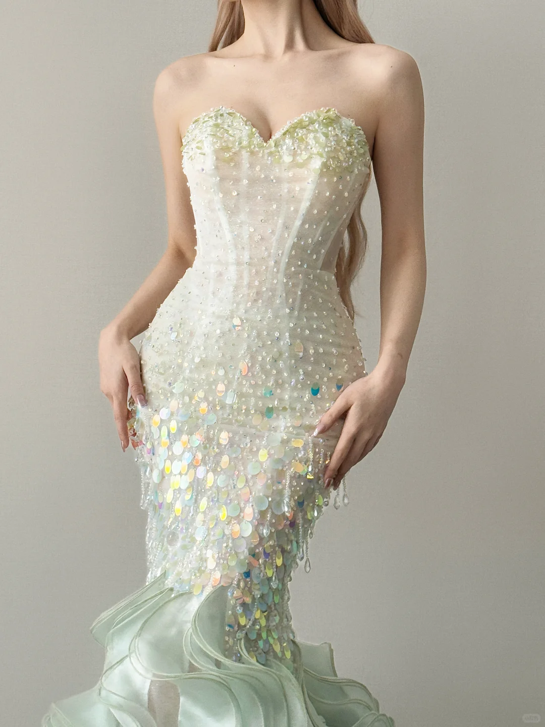 Mint Green Strapless Mermaid Prom Dress Iridescent Sequin Layered Ruffle Train  NV7135