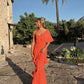 Elegantes, korallen-orangefarbenes, einschultriges, gerüschtes, langes Ballkleid, Abendkleid für Hochzeitsgäste mit gerüschtem Saum, NV2648