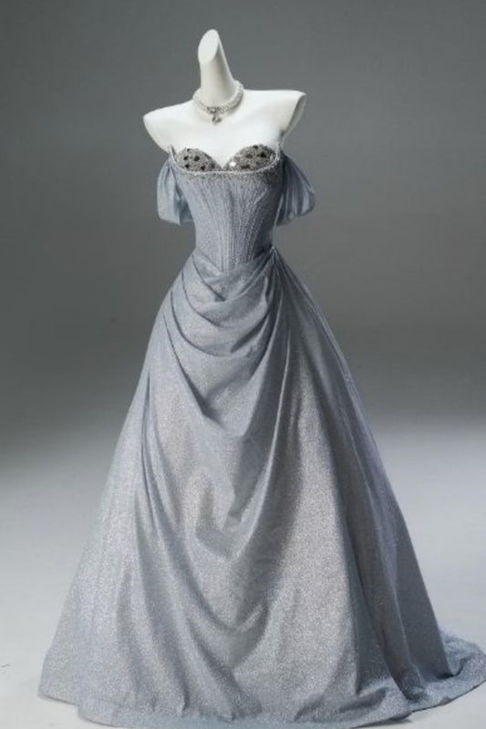 Robe de bal de luxe à paillettes argentées et grises, style cour, épaules dénudées - Robe de soirée et de bal sur le thème des étoiles NV6387
