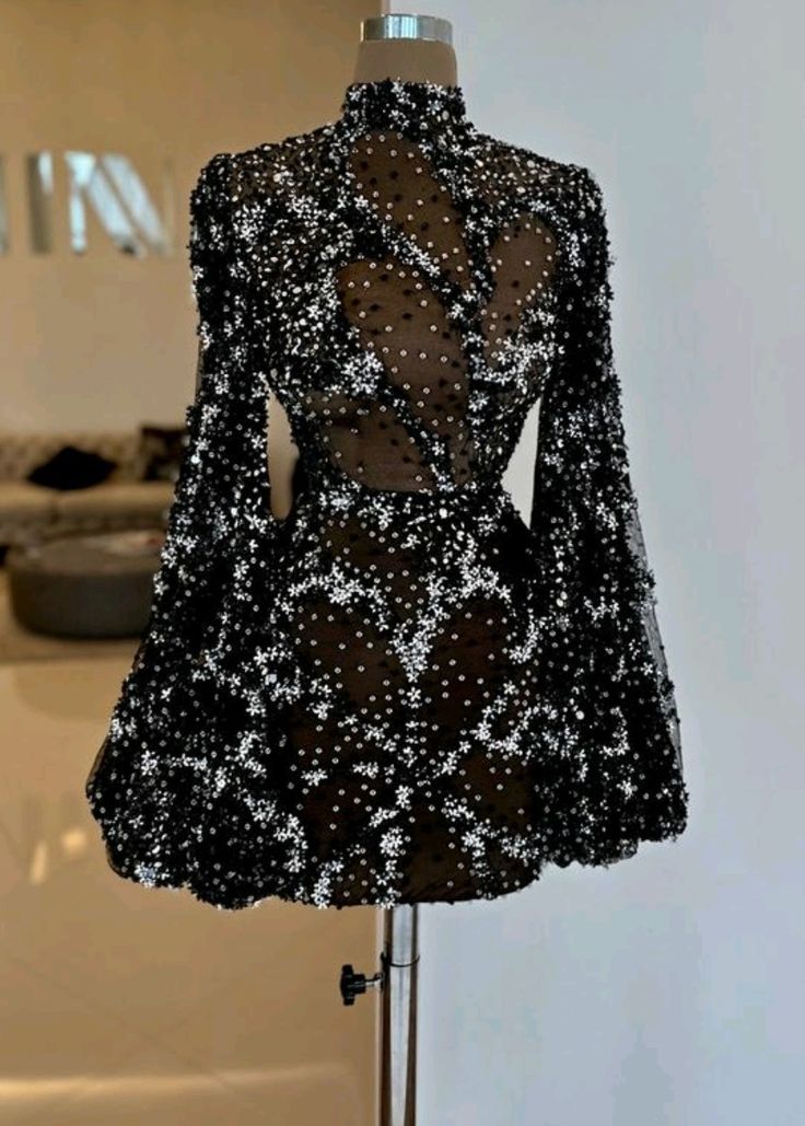 Black gorgeous fashion unique shiny sequins short long sleeve see-through ball gown evening dress party dress nv3232