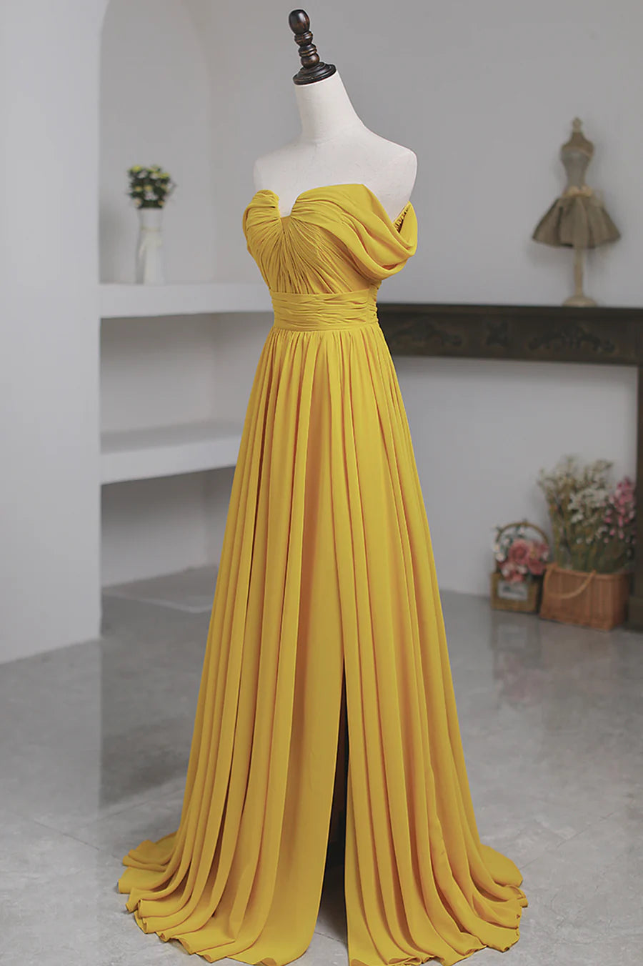 Yellow Chiffon Long Prom Dress, A-Line Off the Shoulder Evening Dress nv1591