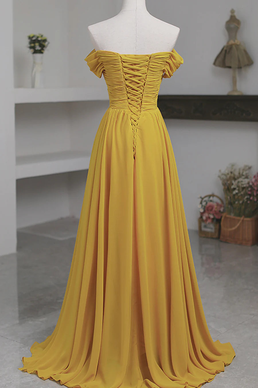 Yellow Chiffon Long Prom Dress, A-Line Off the Shoulder Evening Dress nv1591