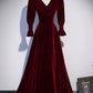 Burgundy Velvet A-line Long Sleeve Evening Gown Ball Gown nv2183
