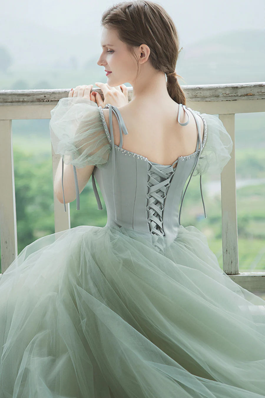 Cute Tulle Long Prom Dresses, A-Line Short Sleeve Graduation Dresses nv1600