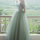 Cute Tulle Long Prom Dresses, A-Line Short Sleeve Graduation Dresses nv1600