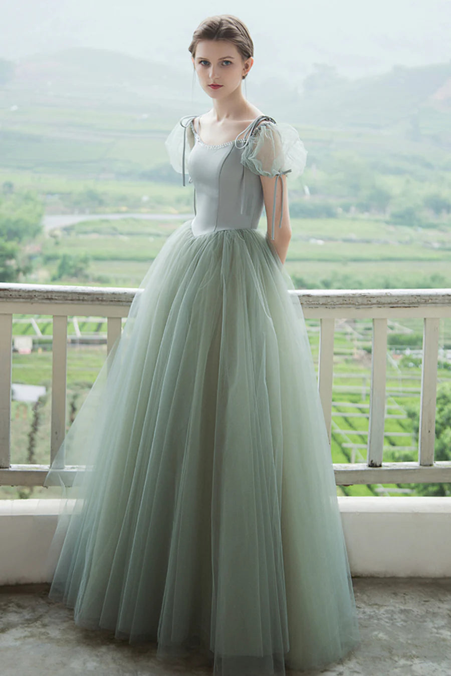 Cute Tulle Long Prom Dresses, A-Line Short Sleeve Graduation Dresses nv1600