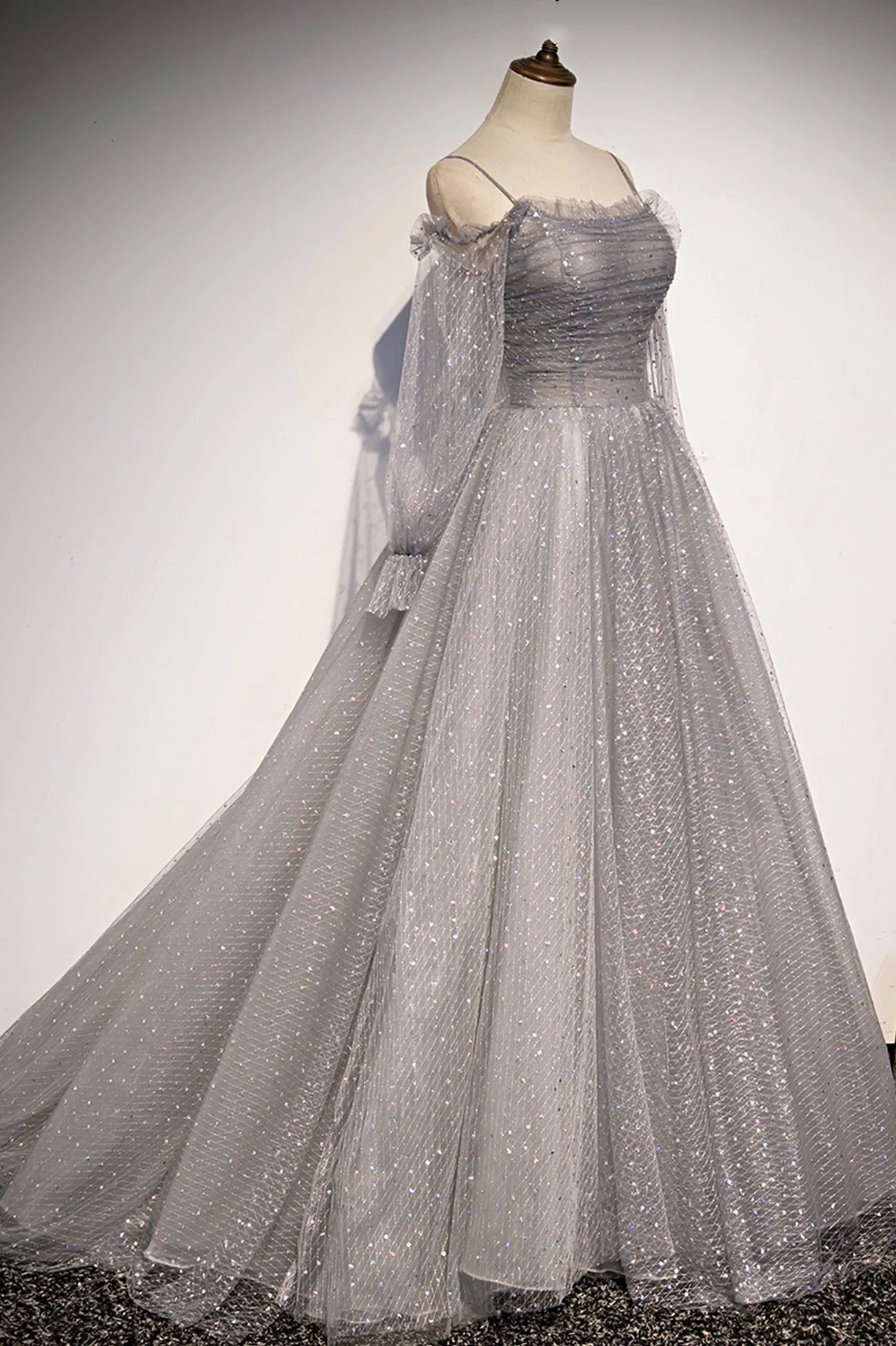 Gray Tulle Sequins Long A Line Prom Dress Evening Dress Long Prom Dress, Long Sleeve Evening Dress nv1727
