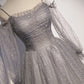 Gray Tulle Sequins Long A Line Prom Dress Evening Dress Long Prom Dress, Long Sleeve Evening Dress nv1727