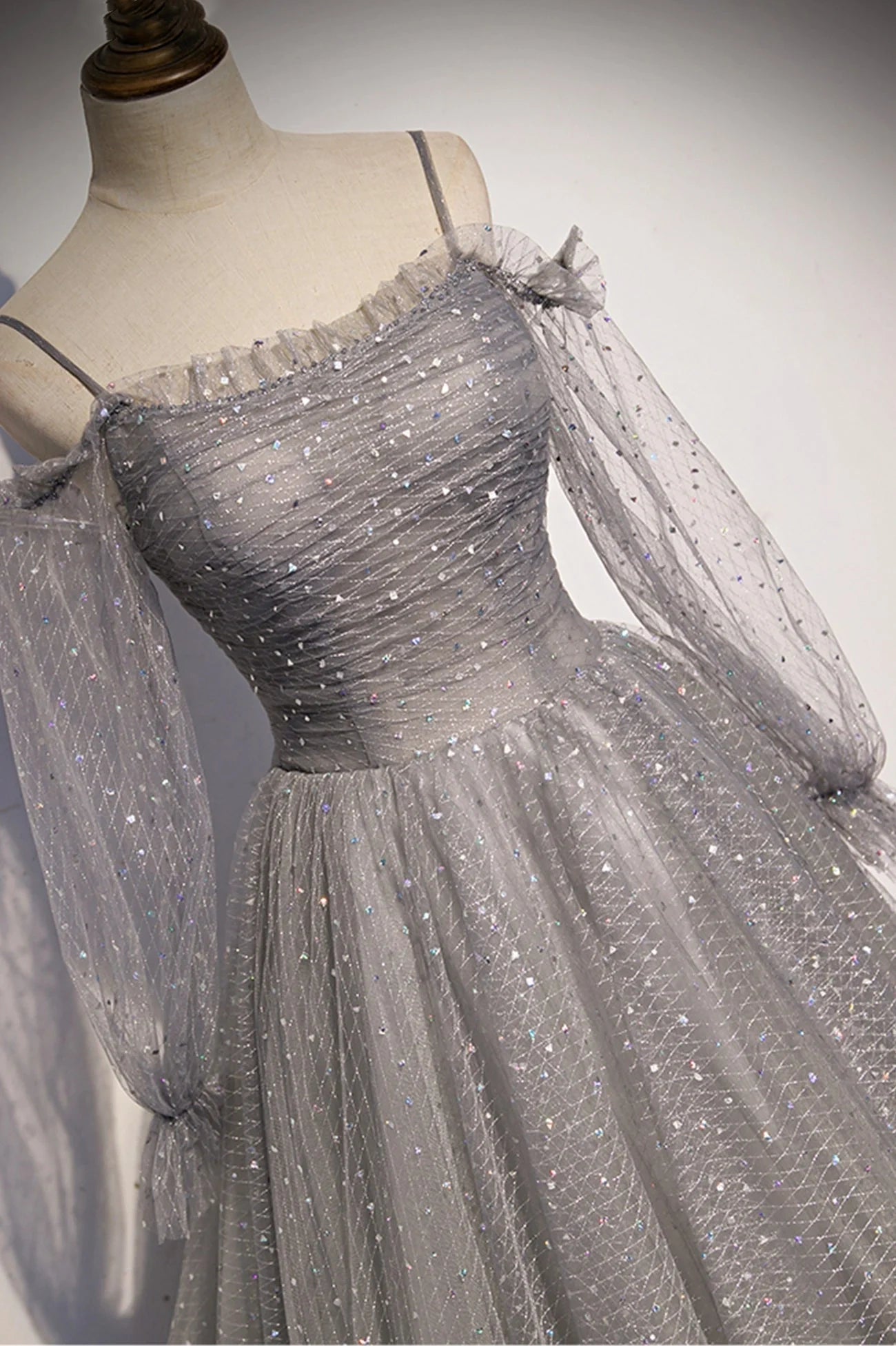 Gray Tulle Sequins Long A Line Prom Dress Evening Dress Long Prom Dress, Long Sleeve Evening Dress nv1727