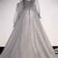 Gray Tulle Sequins Long A Line Prom Dress Evening Dress Long Prom Dress, Long Sleeve Evening Dress nv1727