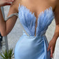 Light Blue Off Shoulder V Neck Mermaid Slit Ball Gown Evening Dress with Feathers One Shoulder nv2203