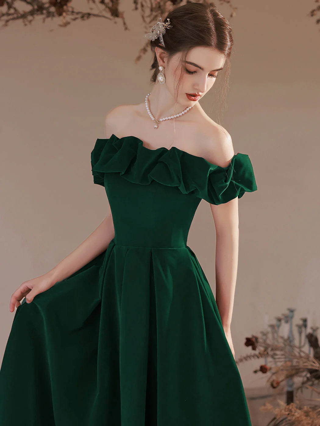 A-Line Off Shoulder Velvet Green Long Prom Dress, Green Formal Evening Dress nv1735