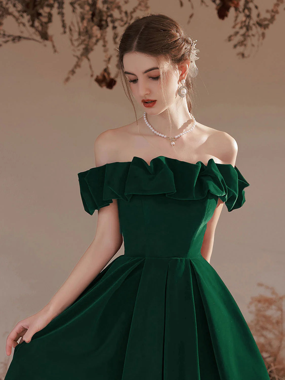 A-Line Off Shoulder Velvet Green Long Prom Dress, Green Formal Evening Dress nv1735