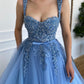 Exquisite 3D Flowers Beads Blue Long Prom Dresses Sweetheart Tulle Bow Sash Floor Length Evening Gowns  nv1641