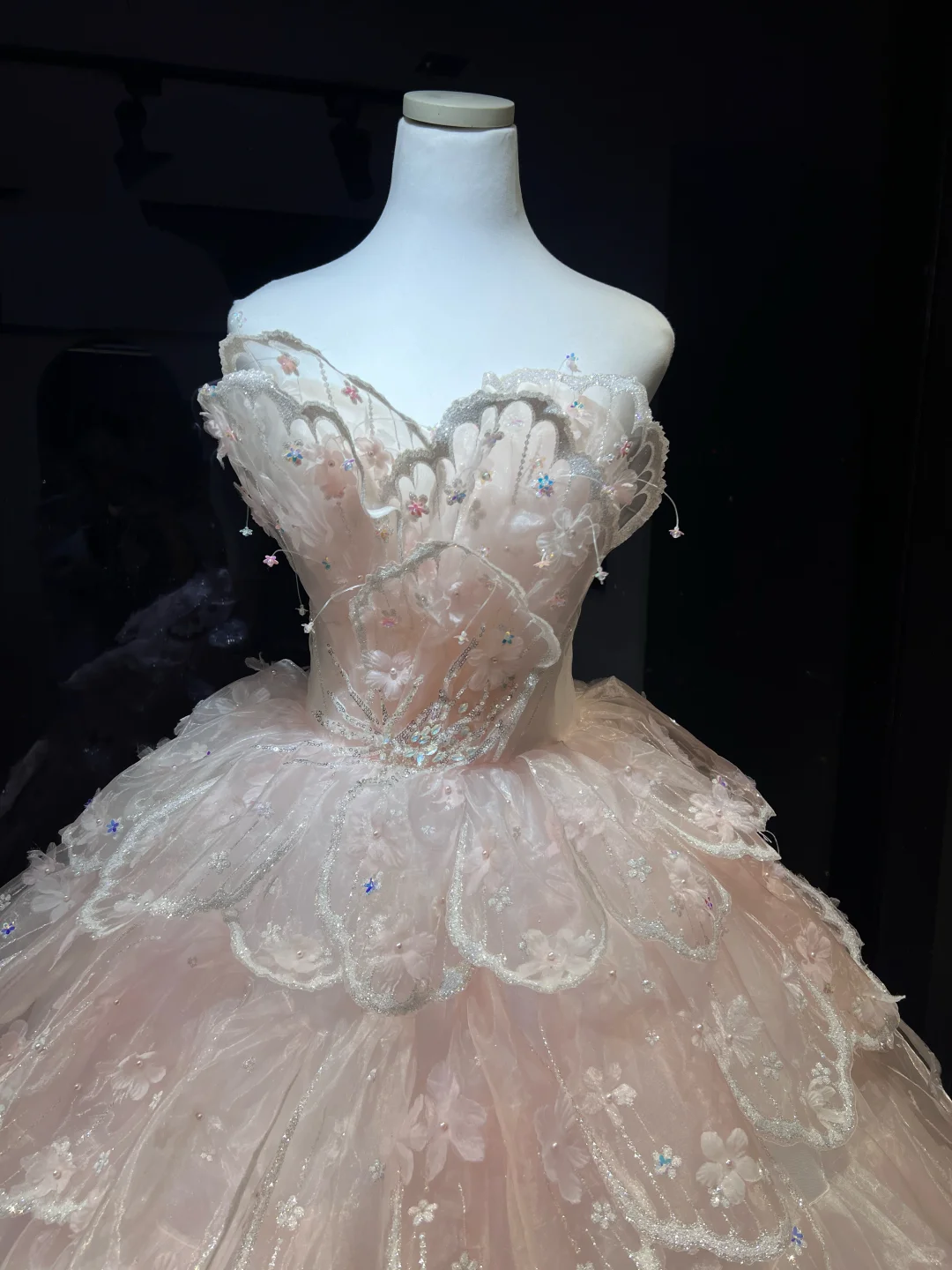 Light Pink Layered Petal Tulle Long Evening Gown Strapless 3D Floral Puffy Ball Gown Prom Dress  NV7079