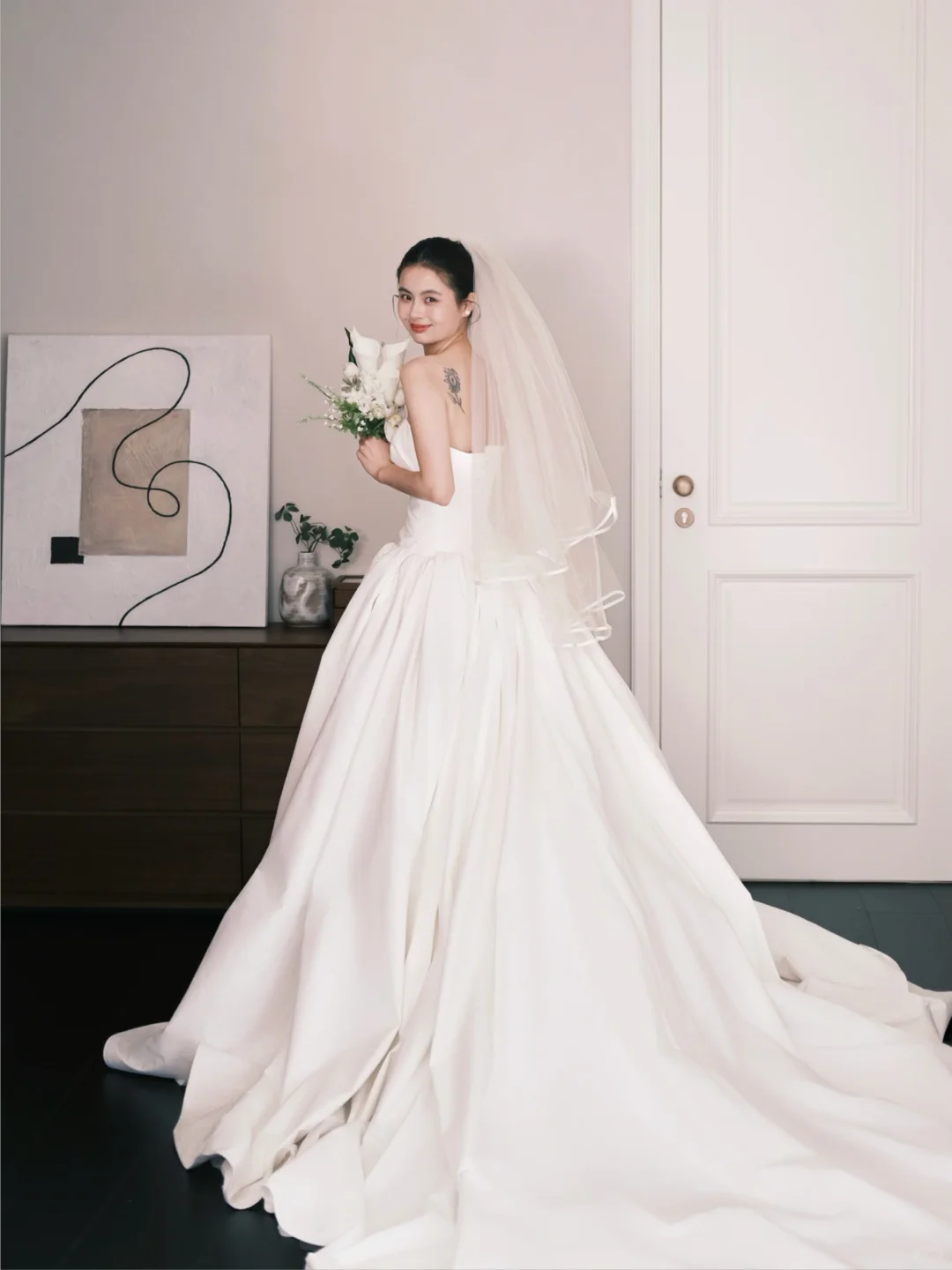 Strapless Draped Satin Wedding Gown, A Line Ballgown with Long Train  NV7356