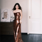 Strapless Bronze Sequin Mermaid Prom Dress with 3D Flower Neckline  NV7370