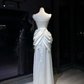 White Satin Corset Evening Dress, Spaghetti Strap Gown with 3D Burgundy Roses & Ruched Detail  NV7083