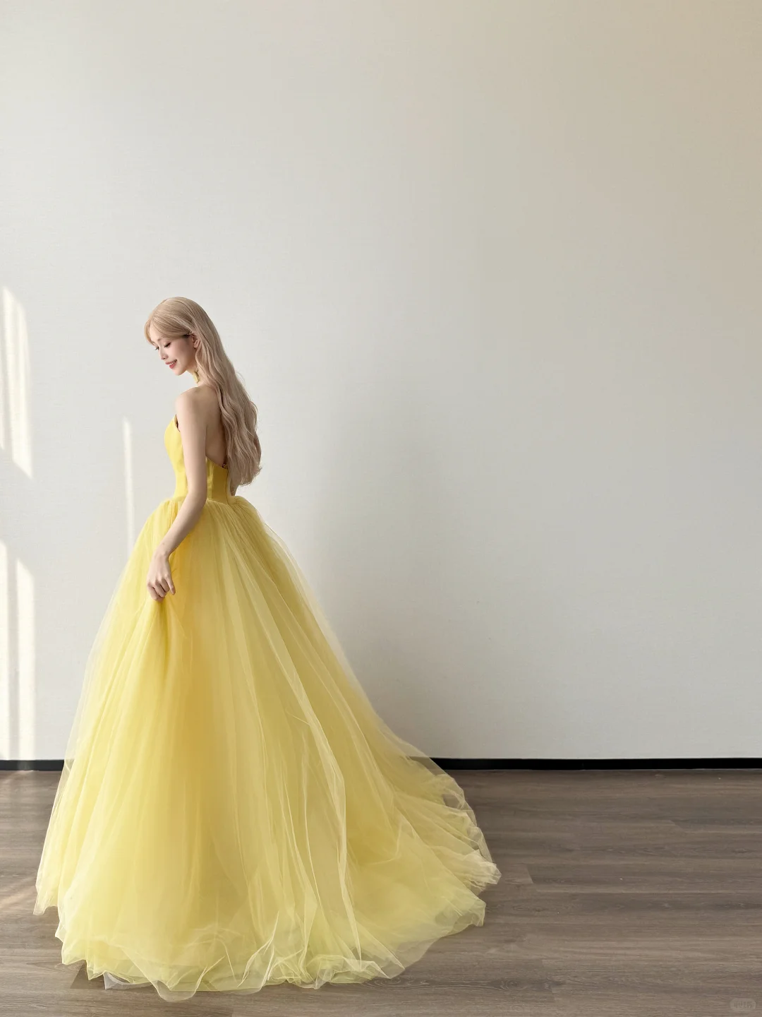 Bright Yellow Strapless Notch V Prom Gown Satin Choker Neck Layered Tulle A Line Evening Dress  NV7156