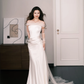 Off Shoulder Satin Mermaid Wedding Dress, Ivory Tulle Bridal Gown  NV7282