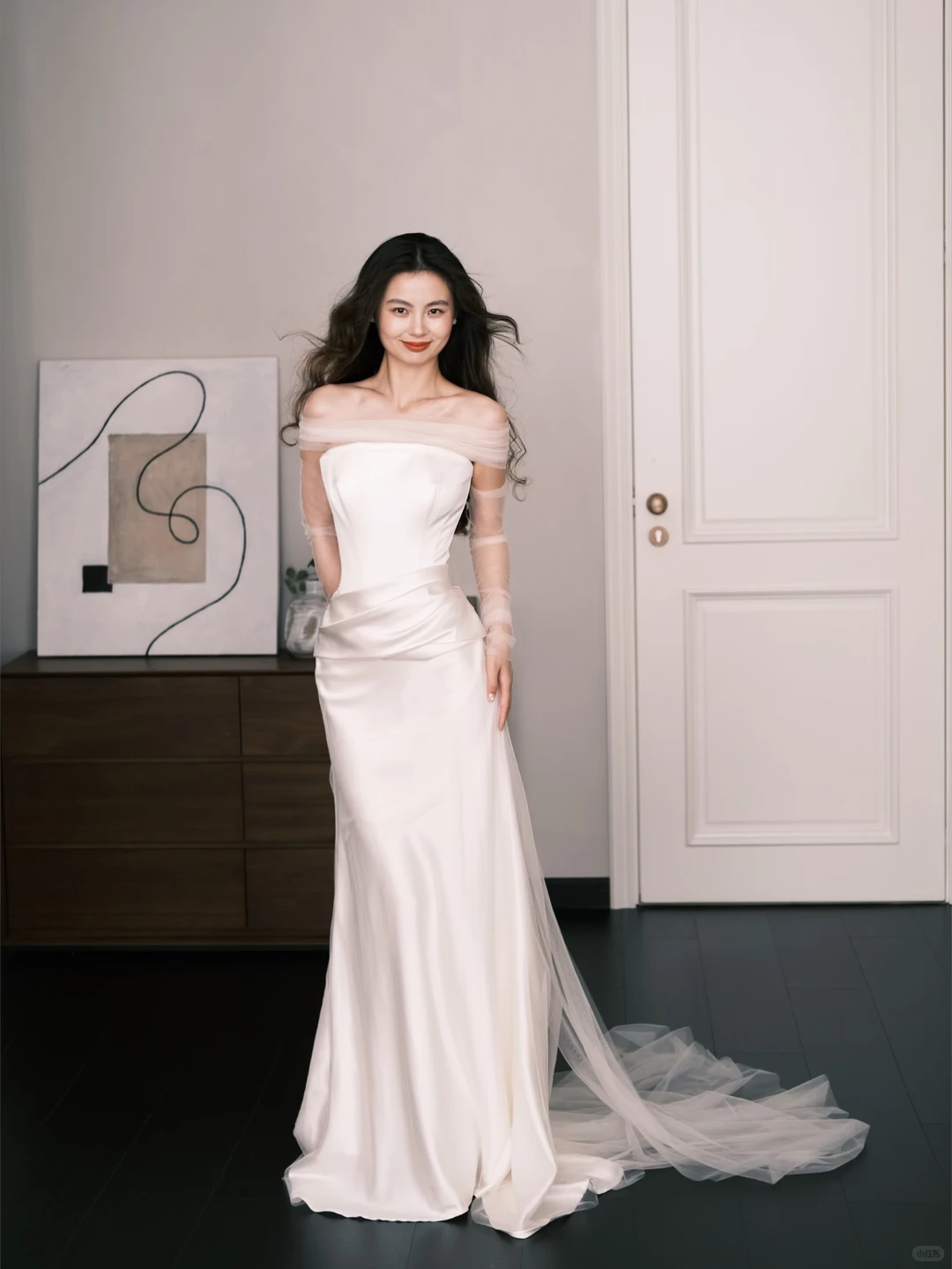 Off Shoulder Satin Mermaid Wedding Dress, Ivory Tulle Bridal Gown  NV7282