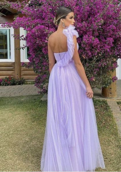 Light purple A-line floor-length tulle long ball gown evening gown bridesmaid dress nv11