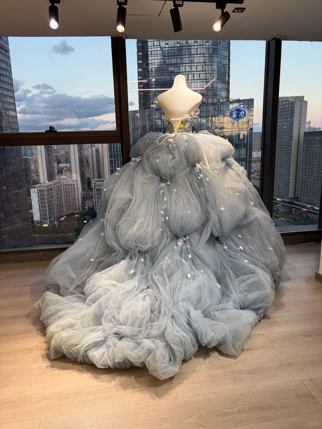 Strapless Dusty Blue Fairy Ball Gown 3D Floral Beaded Cloud Tulle Long Prom Dress  NV7024