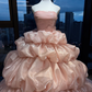Strapless Blush Pink Ball Gown Pleated Bodice Tiered Bubble Shiny Organza Prom Dress  NV7034