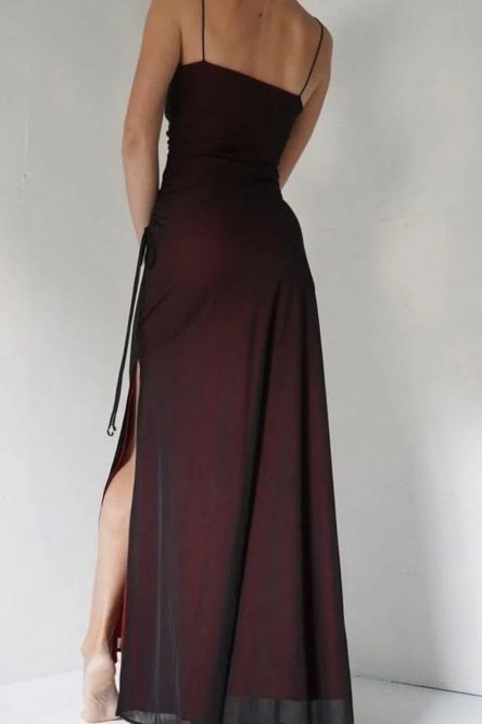Burgundy Vintage Fashion Elegant Bodycon Spaghetti Strap Long Tulle Satin Formal Women's Ball Dress Evening Dress Party Dress Prom Dress nv3929