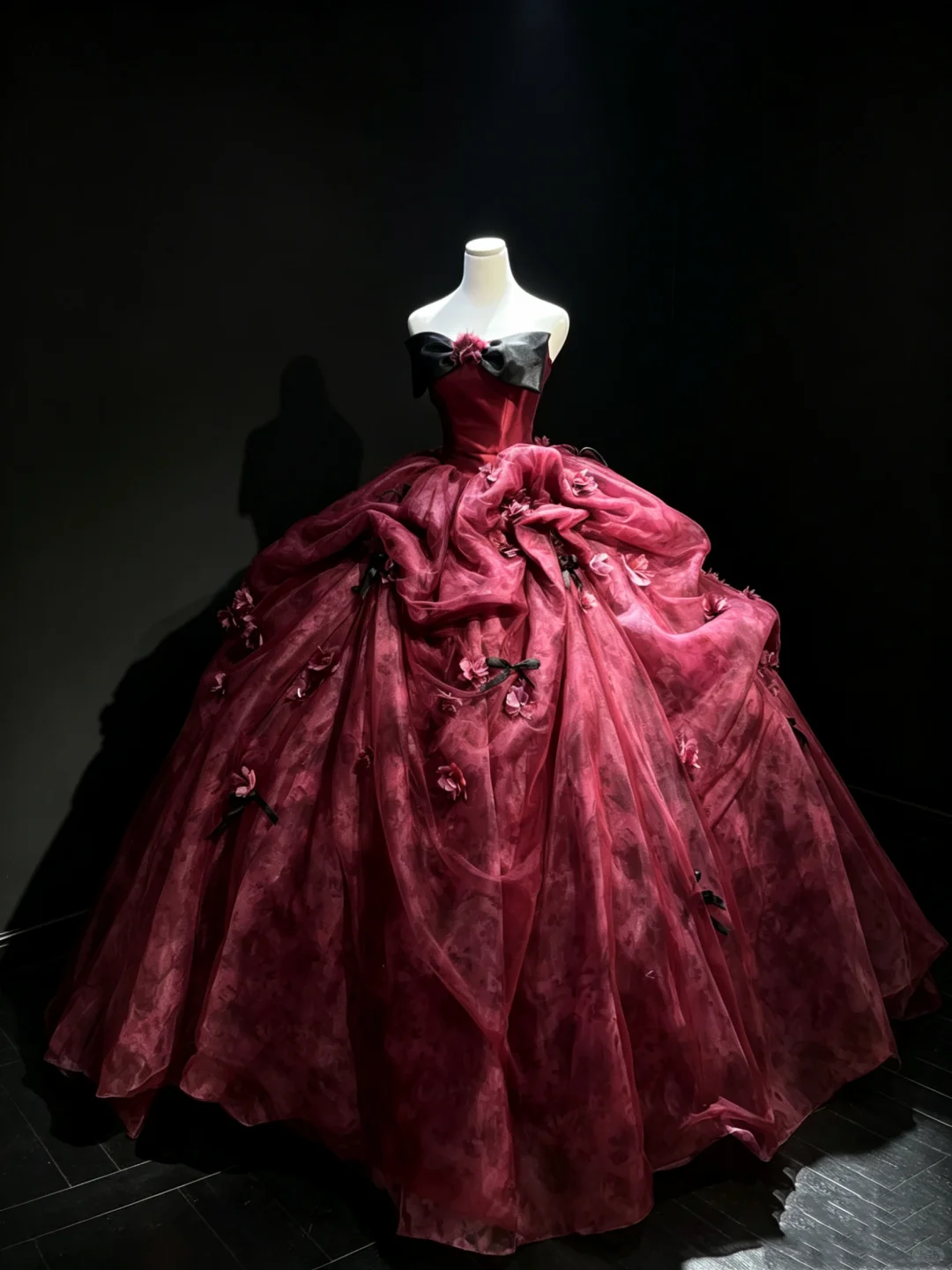 Burgundy Strapless Vintage Princess Ball Gown Black Bow 3D Flowers Printed Organza Long Evening Gown  NV7010