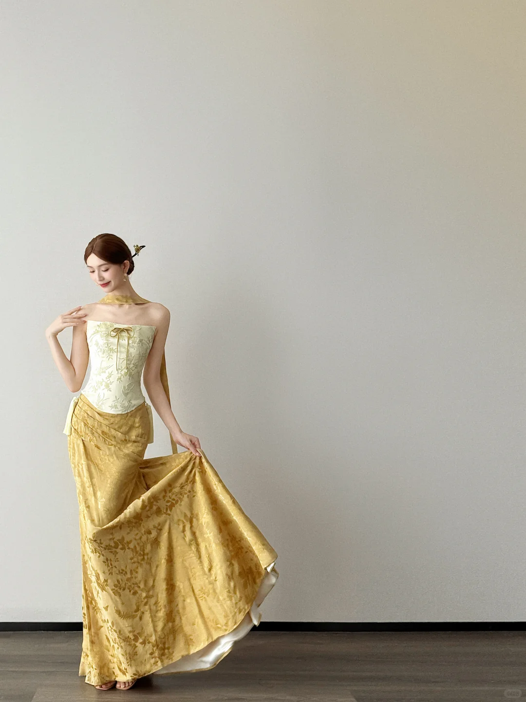 New Chinese Two Piece Mermaid Evening Dress Strapless Jacquard Gown  NV7115