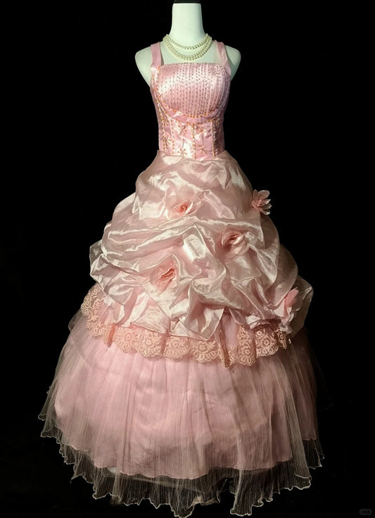Pink Beaded Floral Elegant Long Tulle Ball Gown Evening Dress nv4783