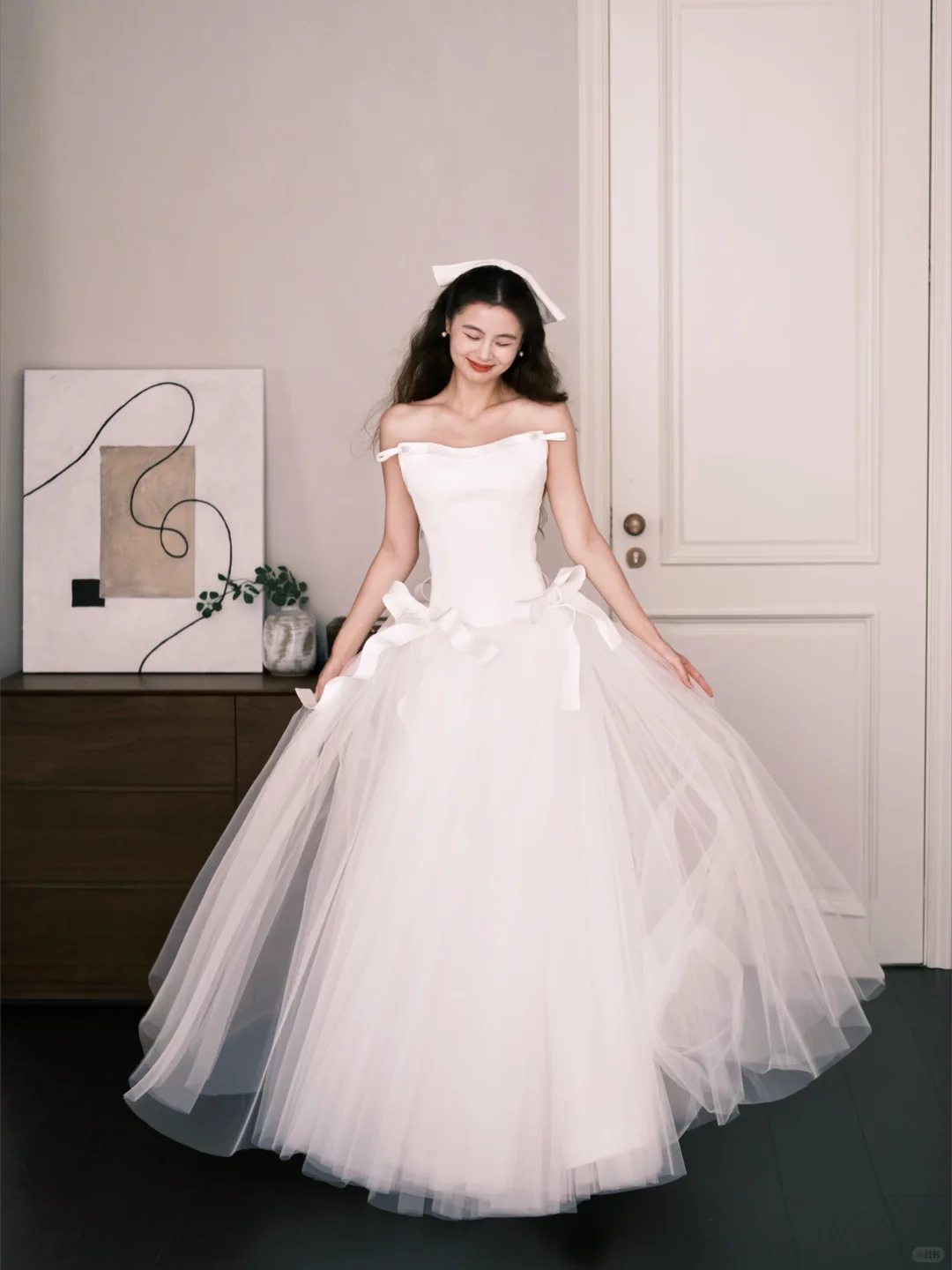 White Off The Shoulder Tulle Wedding Dress Satin Bow Bridal Gown  NV7215