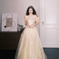 Off-the-Shoulder Champagne Sequin Tulle Prom Dress, 3D Flower Princess Ball Gown  NV7309