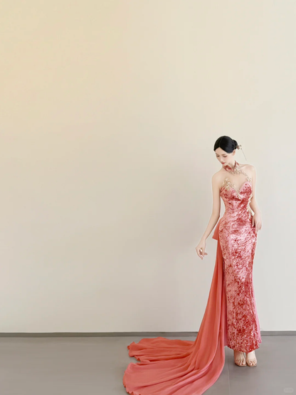 New Chinese Halter Velvet Mermaid Evening Gown High Slit Chiffon Train  NV7169