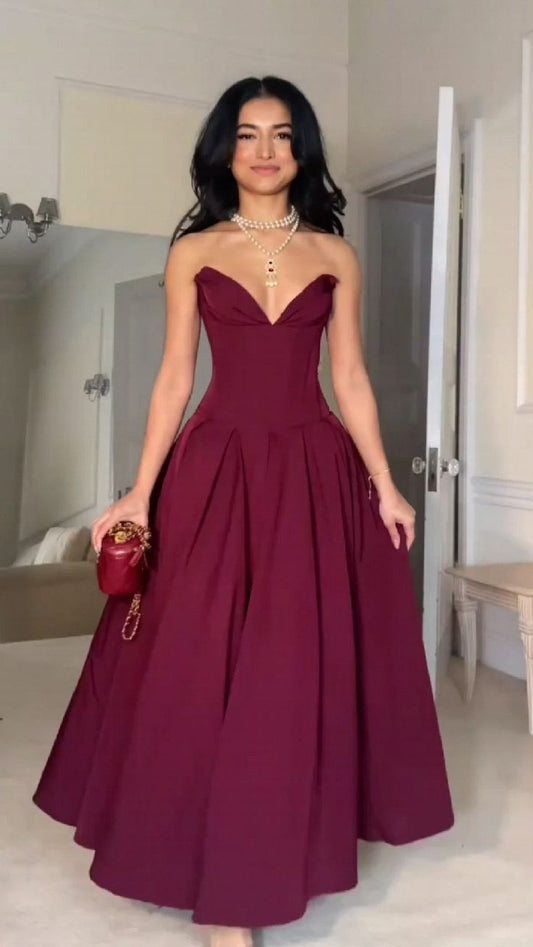 Burgundy A-line Princess V-neck Floor-length  Long Ball Gown Evening Dress nv1933