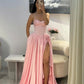 NiceVestidos--Dreamy Pink Satin Strapless High-End Gown with 3D Floral Embellishment & Side Slit, Luxury Long Dress for Evening Party & Ball NV5887