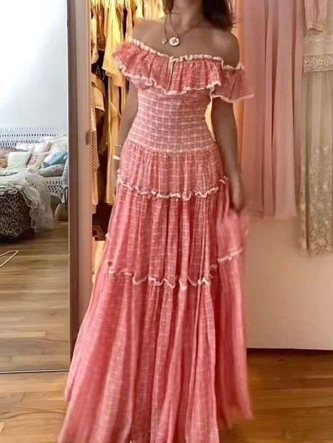 Pink Cute Off Shoulder A-Line Long Elegant Chiffon Ruffle Ball Gown Evening Dress Fashion Holiday Party Dress nv3582